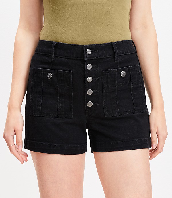 Patch Pocket High Rise Denim Shorts in Classic Black Wash