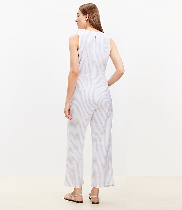 Striped Tie Front Linen Blend Jumpsuit