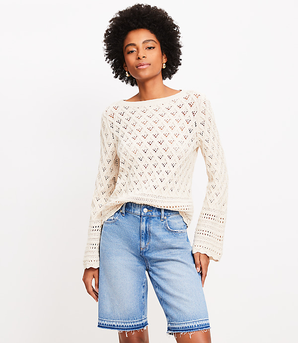 Mixed Pointelle Wide Sleeve Boatneck Sweater