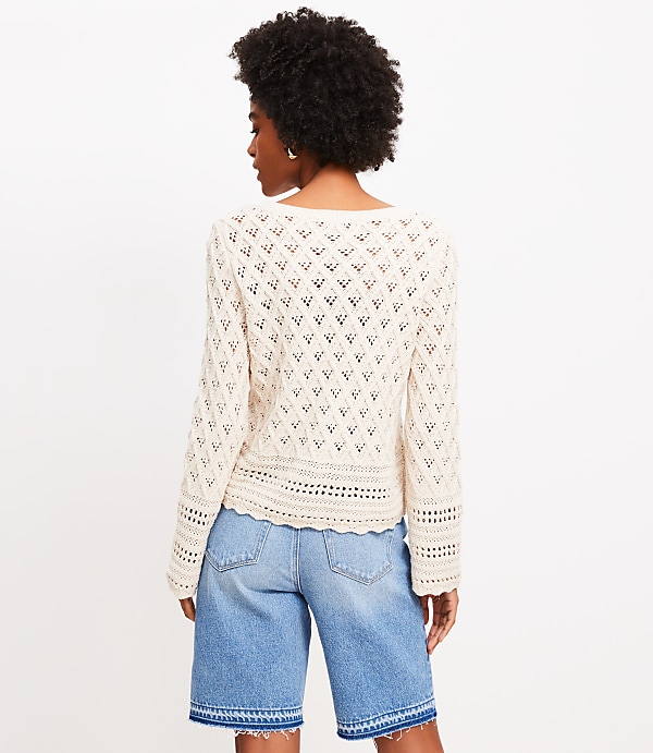 Mixed Pointelle Wide Sleeve Boatneck Sweater