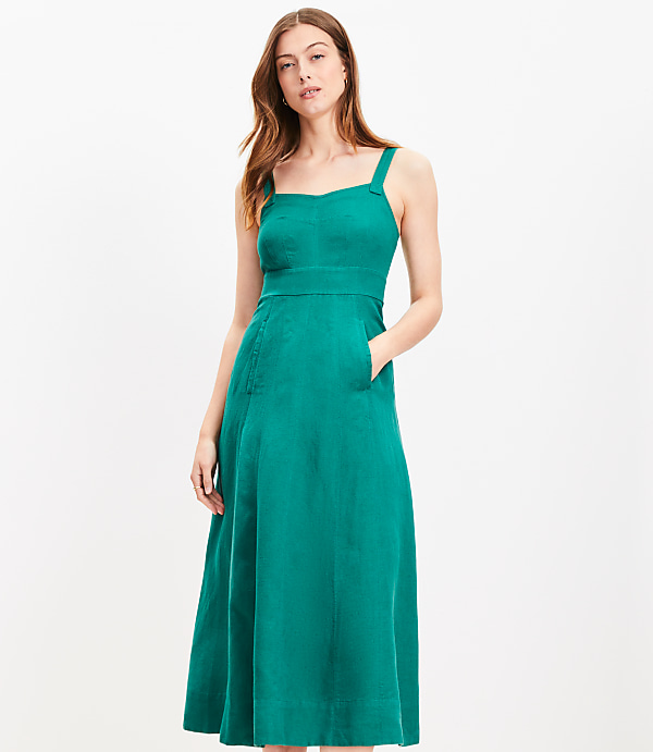 Linen Blend Seamed Midi Pocket Dress
