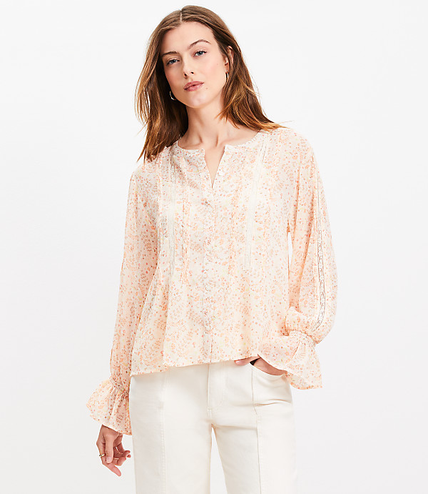 Floral Pintucked Ruffle Cuff Blouse