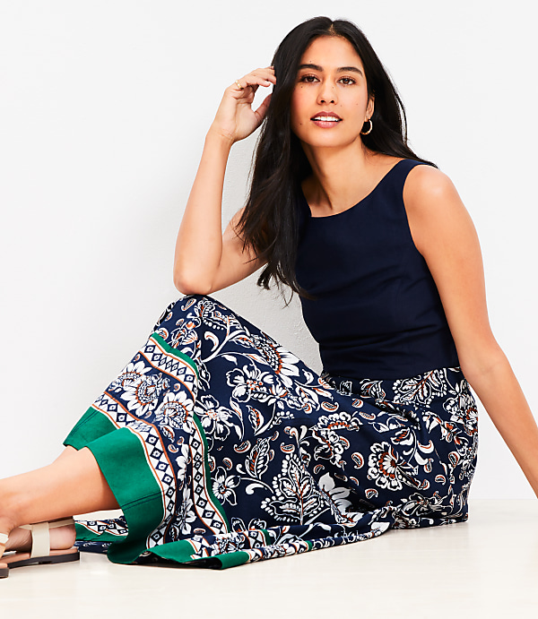 Border Floral Linen Blend Seamed Maxi Skirt
