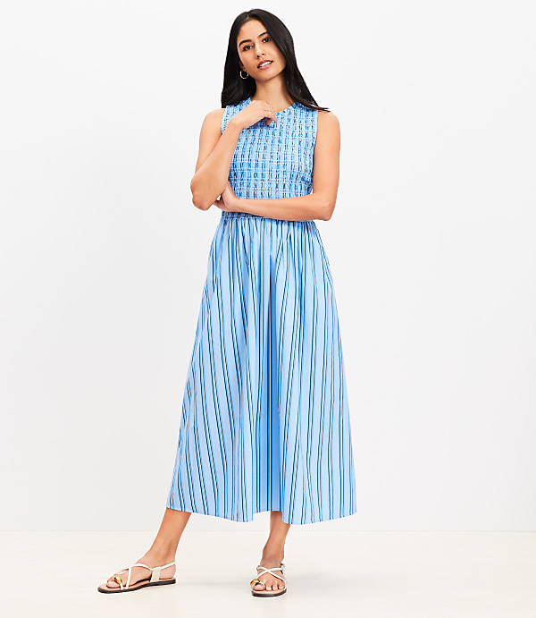 Striped Poplin Smocked Midi Pocket Dress