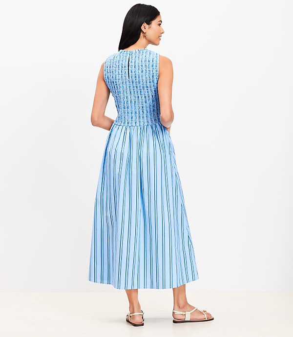 Striped Poplin Smocked Midi Pocket Dress