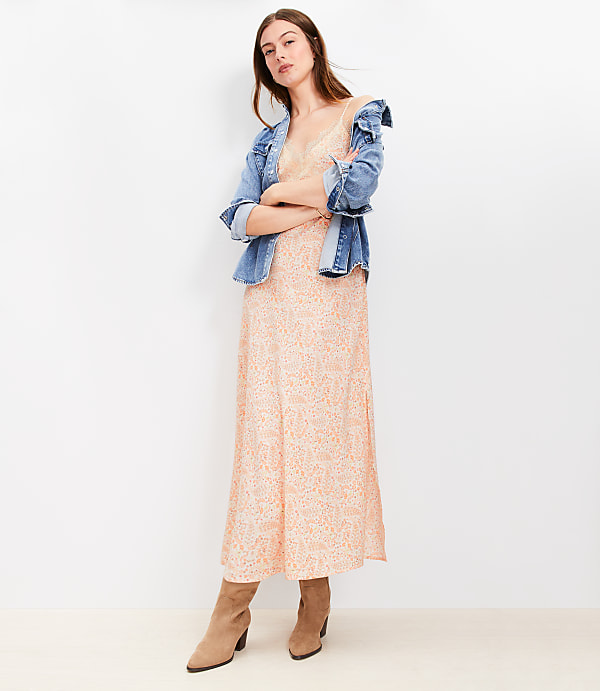 Paisley Lace Trim Midi Slip Dress
