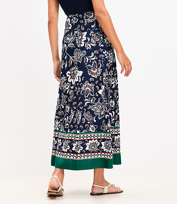 Border Floral Linen Blend Seamed Maxi Skirt