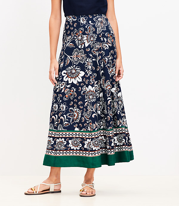 Border Floral Linen Blend Seamed Maxi Skirt