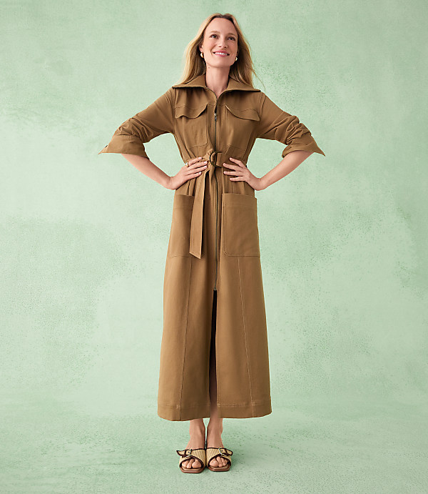 Twill Zip Midi Pocket Dress