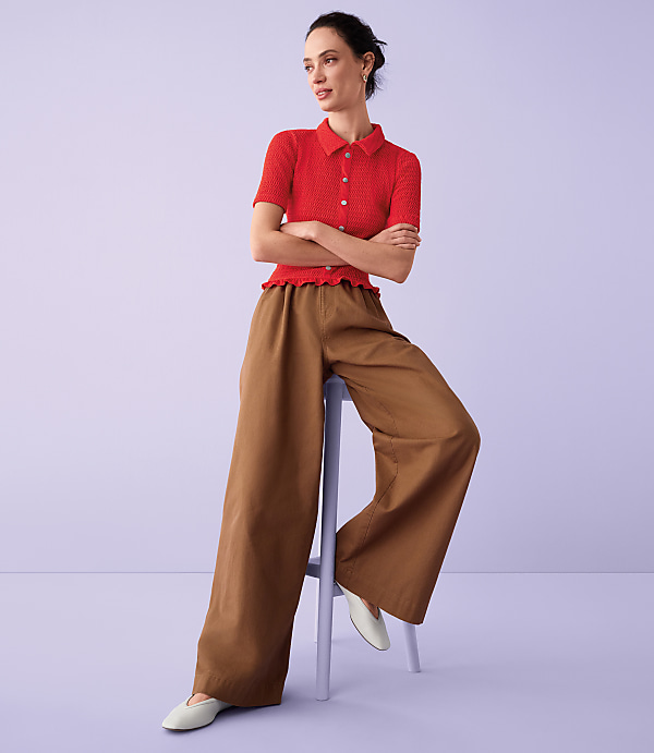 Pleated Pull On Wide Leg Pants in Twill