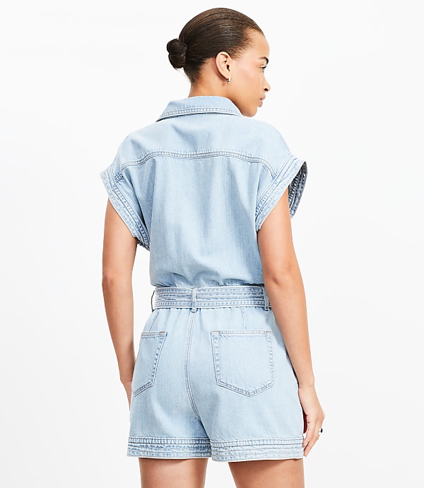 Petite Denim Utility Romper in Light Wash