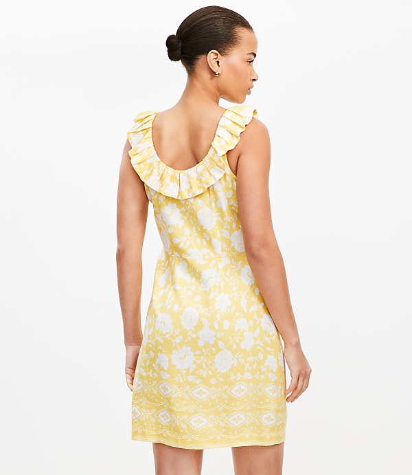 Floral Linen Blend Ruffle Neck Mini Dress