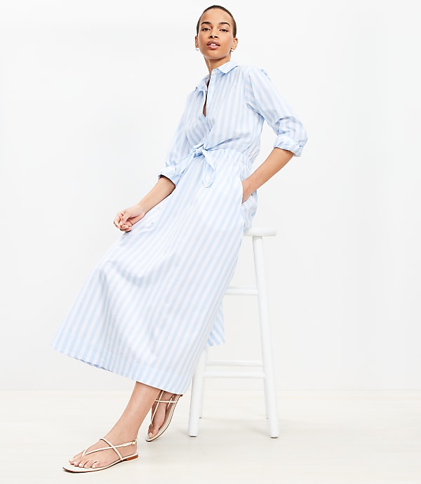Striped Poplin Tie Front Pocket Shirtdress