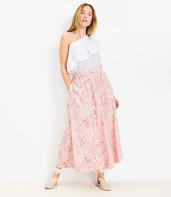 Bird Toile Poplin Pull On Maxi Pocket Skirt