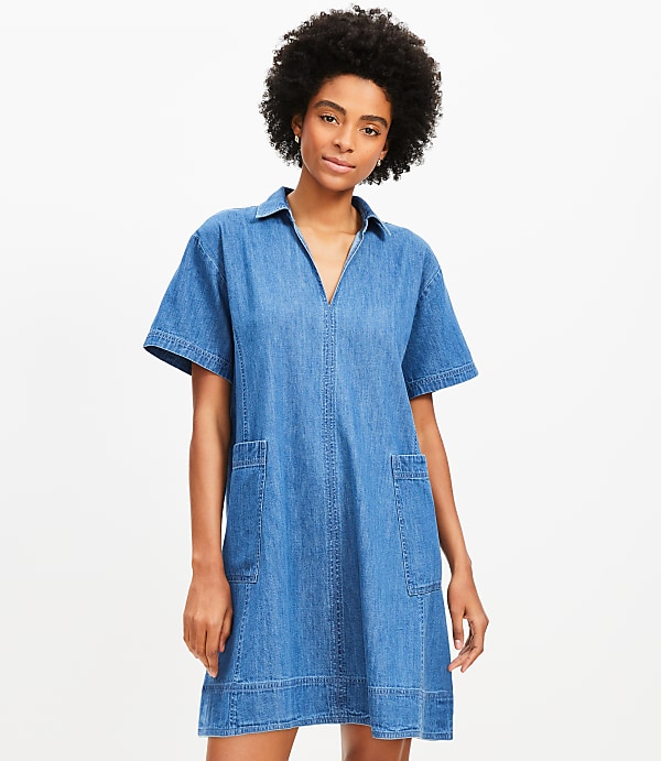 Chambray Split Neck Mini Pocket Dress