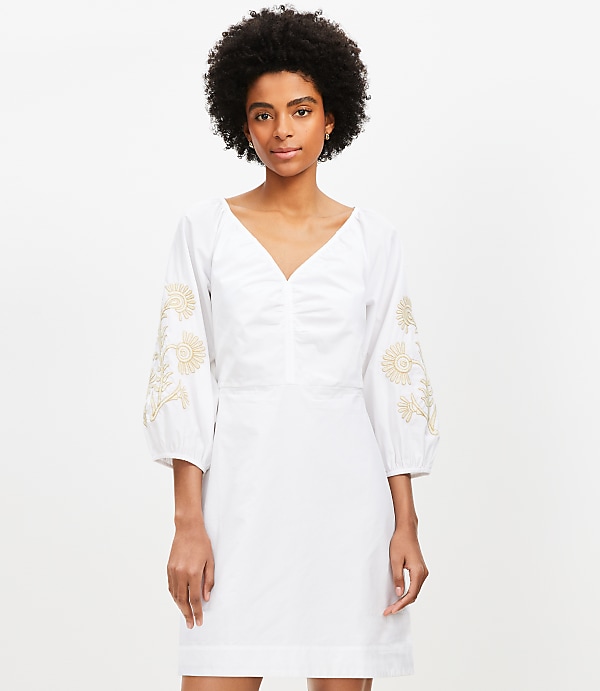 Floral Embroidered Poplin Shirred Mini Dress