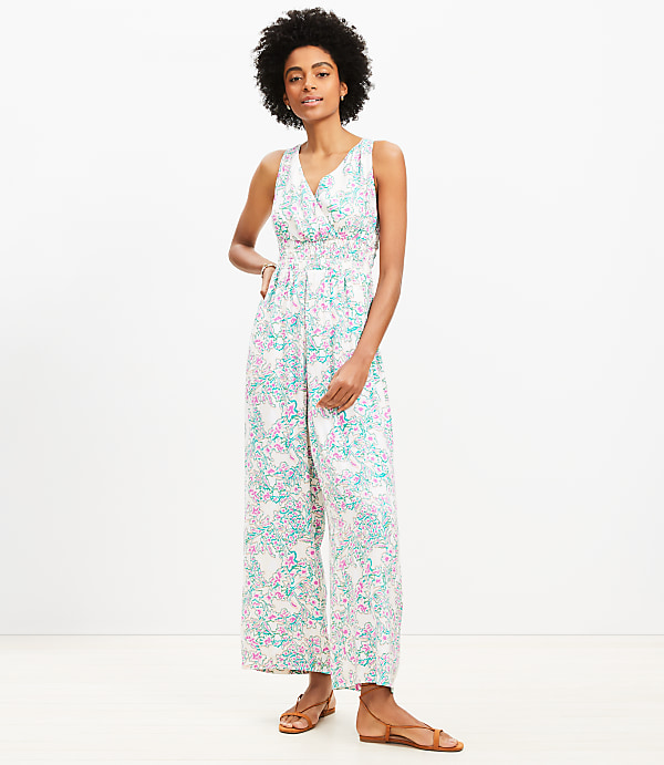 Petite Floral Smocked Crisscross Back Jumpsuit