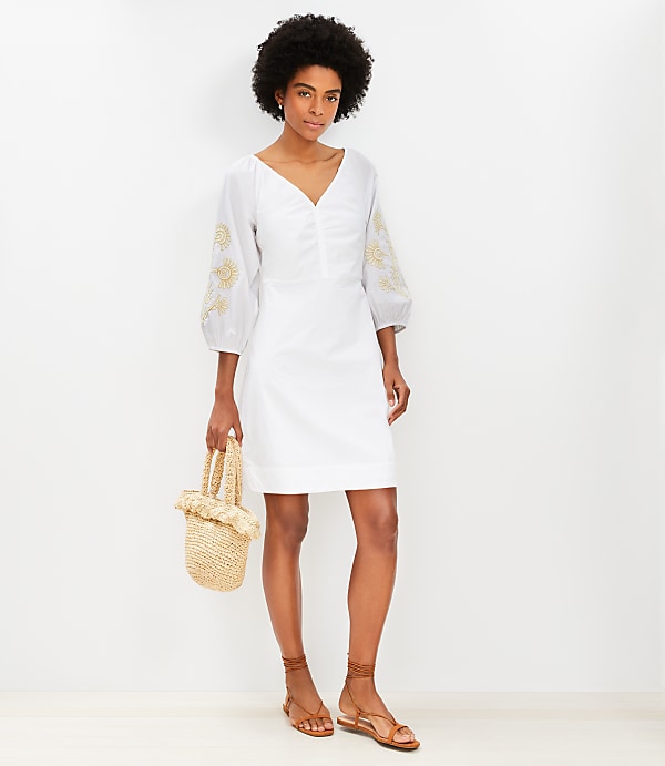 Petite Floral Embroidered Poplin Shirred Mini Dress