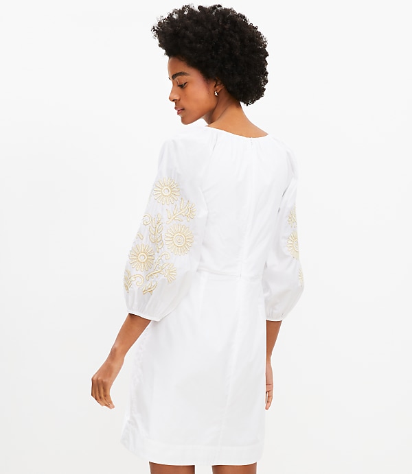 Petite Floral Embroidered Poplin Shirred Mini Dress