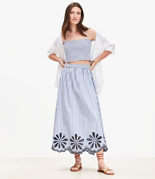 Petite Floral Eyelet Stripe Poplin Pull On Maxi Pocket Skirt