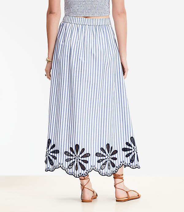 Petite Floral Eyelet Stripe Poplin Pull On Maxi Pocket Skirt