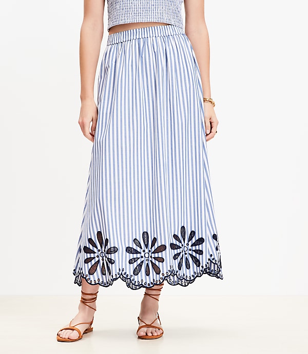 Petite Floral Eyelet Stripe Poplin Pull On Maxi Pocket Skirt