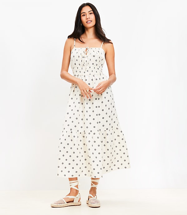 Petite Dotted Tie Linen Blend Strappy Midi Dress