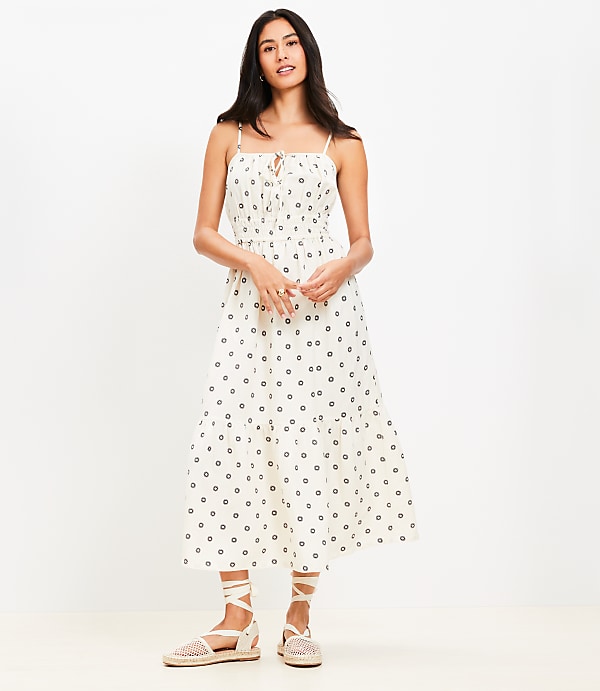 Dotted Tie Linen Blend Strappy Midi Dress