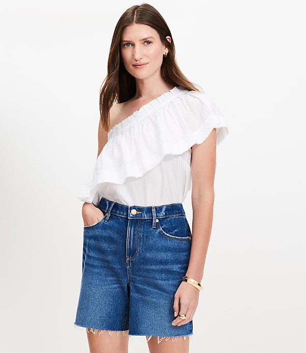 Petite Striped Ruffle One Shoulder Top