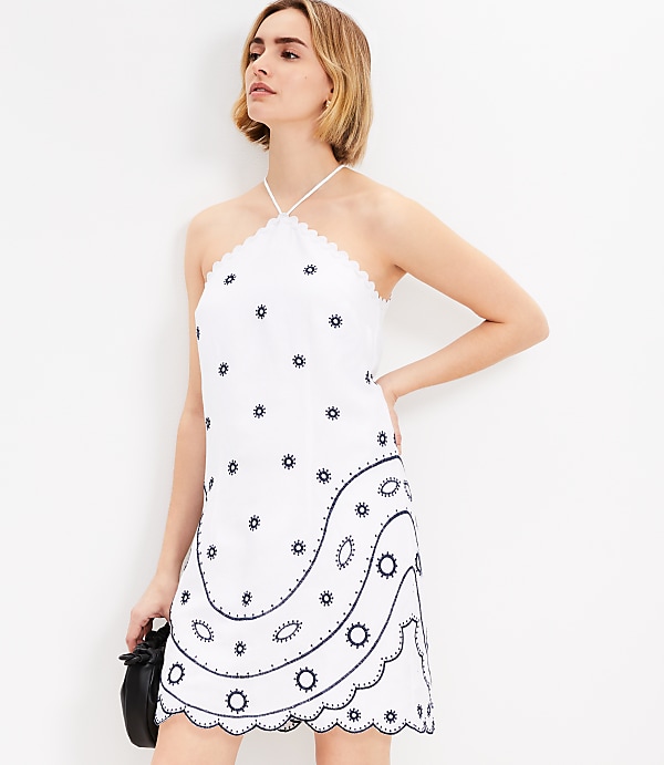 Petite Embroidered Linen Blend Mini Halter Dress