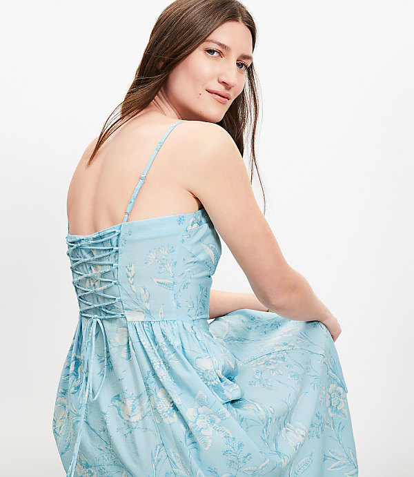 Petite Bird Toile Sweetheart Strappy Midi Dress