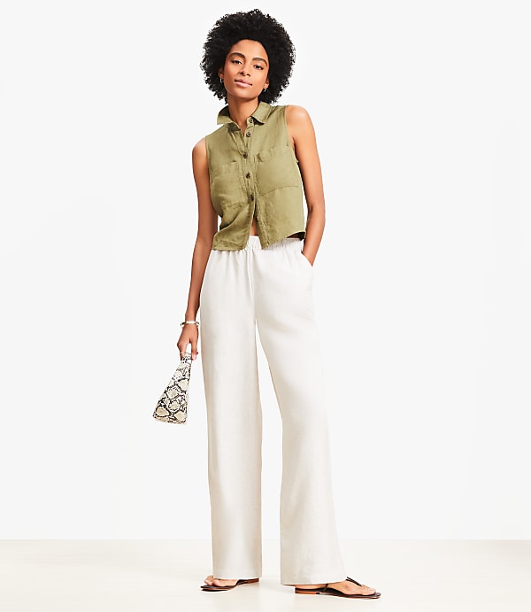 Petite Pull On Straight Pants in Linen Blend