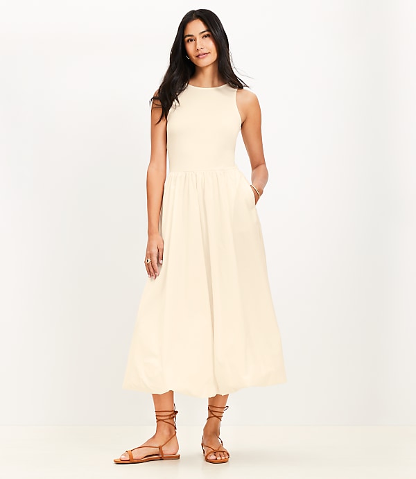 Petite Poplin Bubble Mixed Media Midi Dress