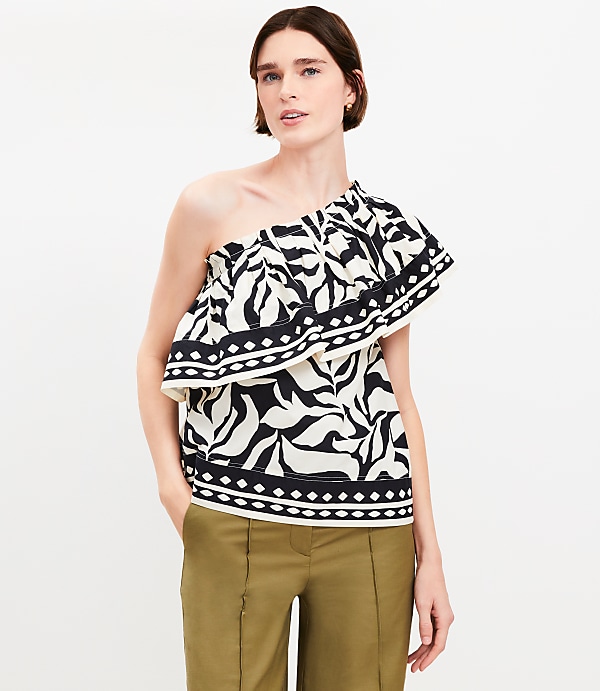 Petite Fern Poplin Ruffle One Shoulder Top