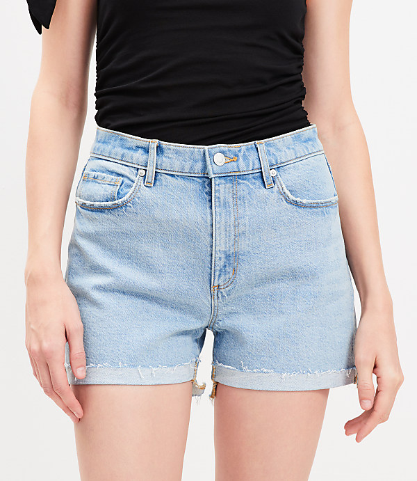 Petite Flip Hem High Rise Cut Off Denim Shorts in Light Vintage Indigo Wash