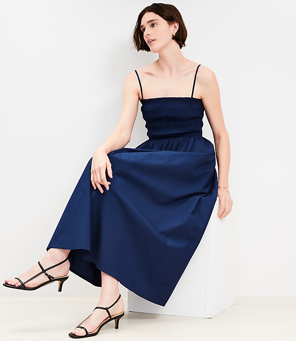 Poplin Smocked Strappy Maxi Pocket Dress