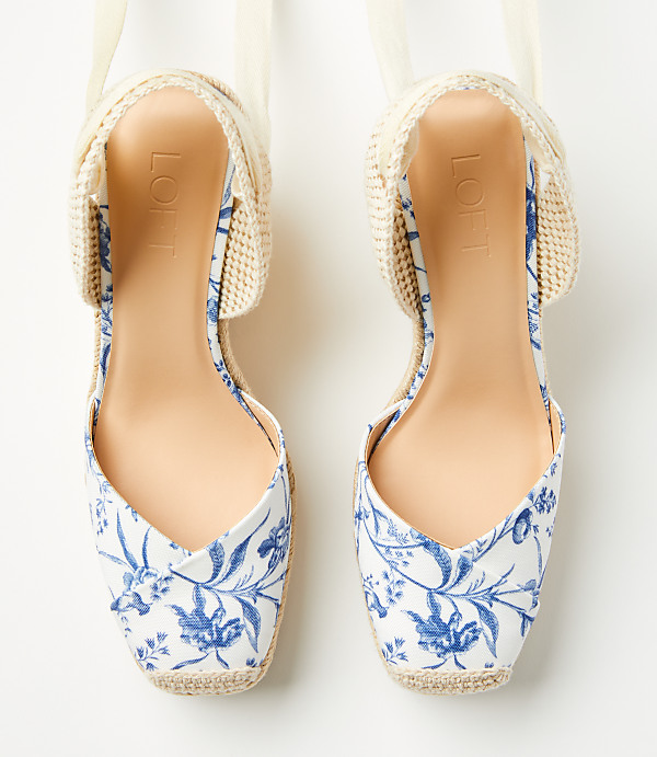 Bird Toile Lace Up Espadrille Wedges