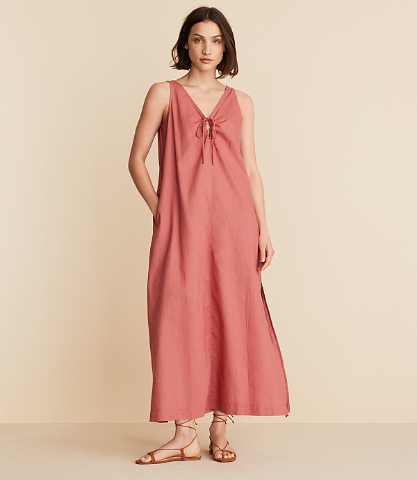 Lou & Grey Linen Cotton Tie Keyhole Maxi Pocket Dress