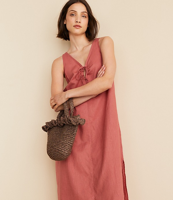 Lou & Grey Linen Cotton Tie Keyhole Maxi Pocket Dress