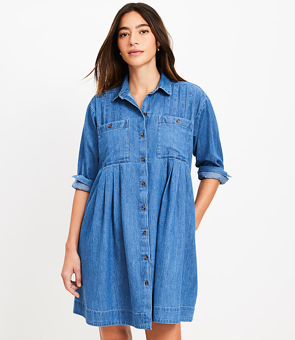 Petite Chambray Pleated Mini Pocket Dress