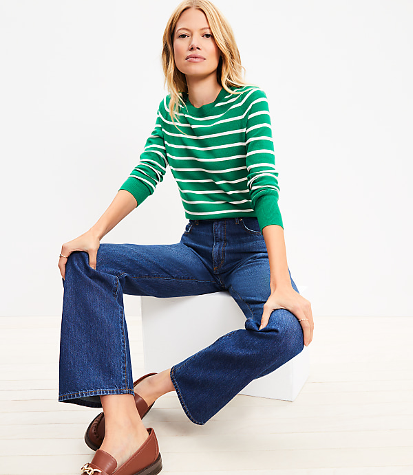 Petite Striped Metallic Button Cuff Sweater