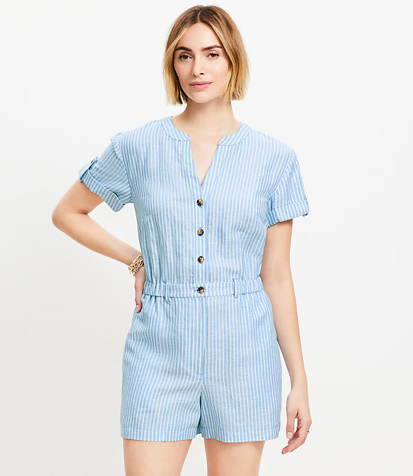 Petite Striped Linen Cotton Split Neck Romper