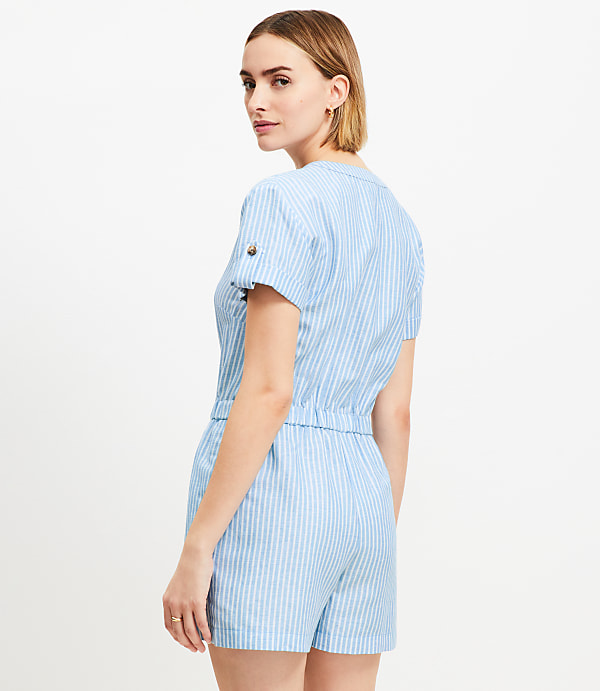 Striped Linen Cotton Split Neck Romper