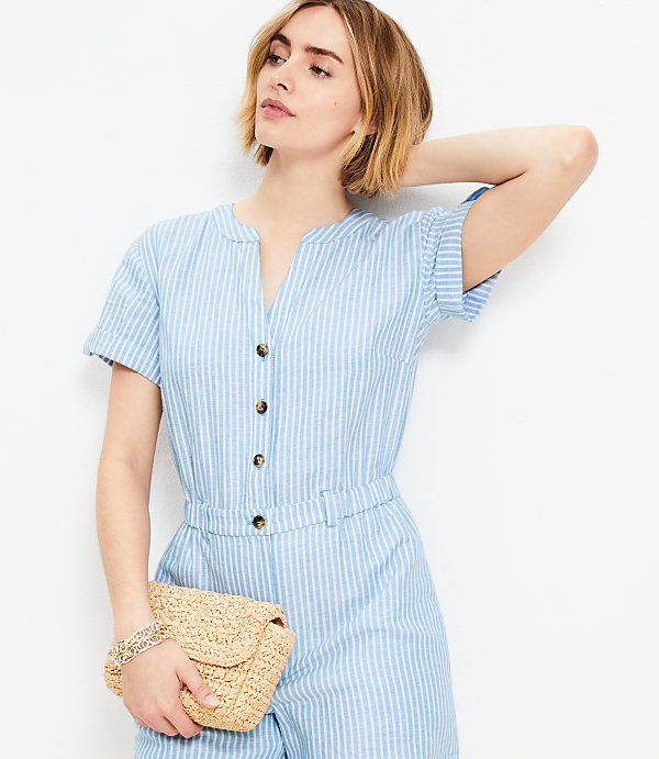 Striped Linen Cotton Split Neck Romper