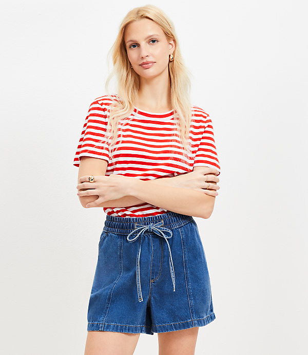 Petite High Rise Drawstring Denim Shorts in Classic Mid Wash