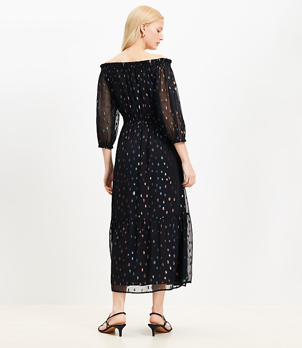 Shimmer Clip Balloon Sleeve Off The Shoulder Midi Dress