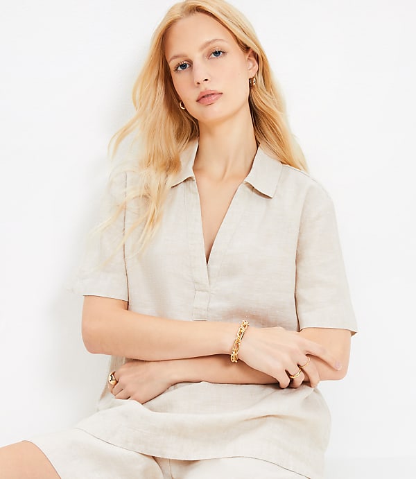 Linen Collared V-Neck Top