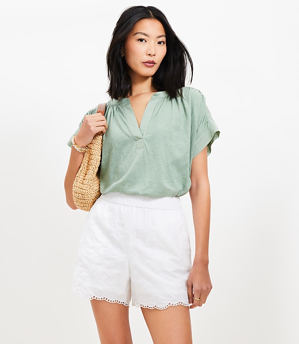 Pull On Shorts in Floral Embroidered Poplin