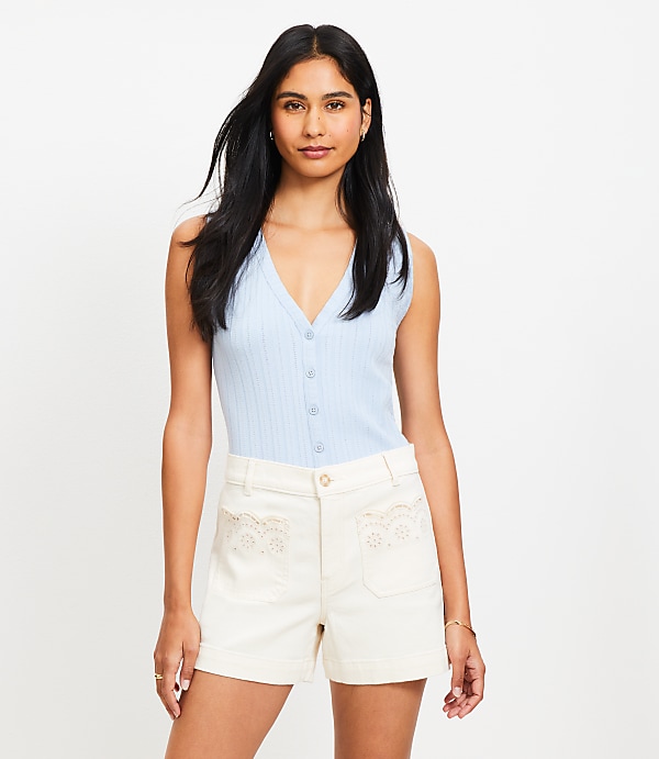 Petite Eyelet Pocket Palmer Denim Shorts in Ivory