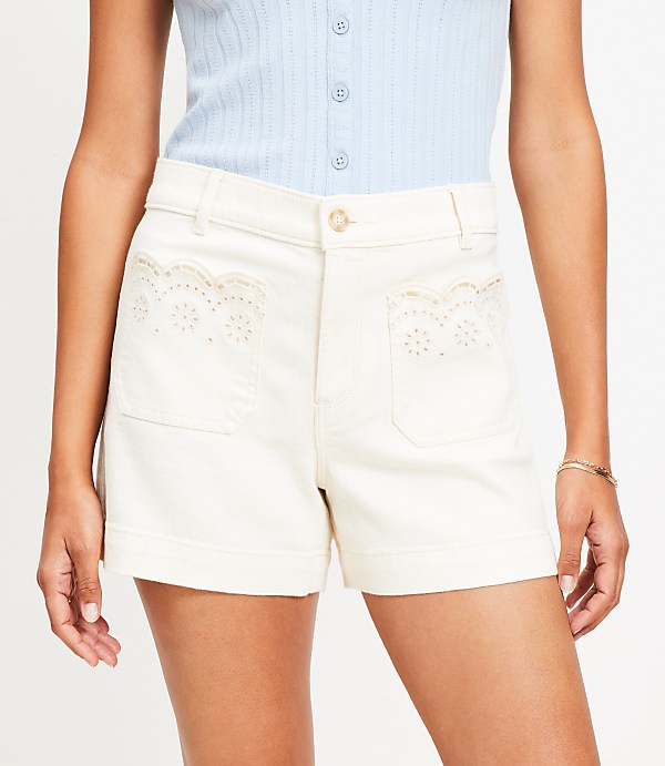 Eyelet Pocket Palmer Denim Shorts in Ivory